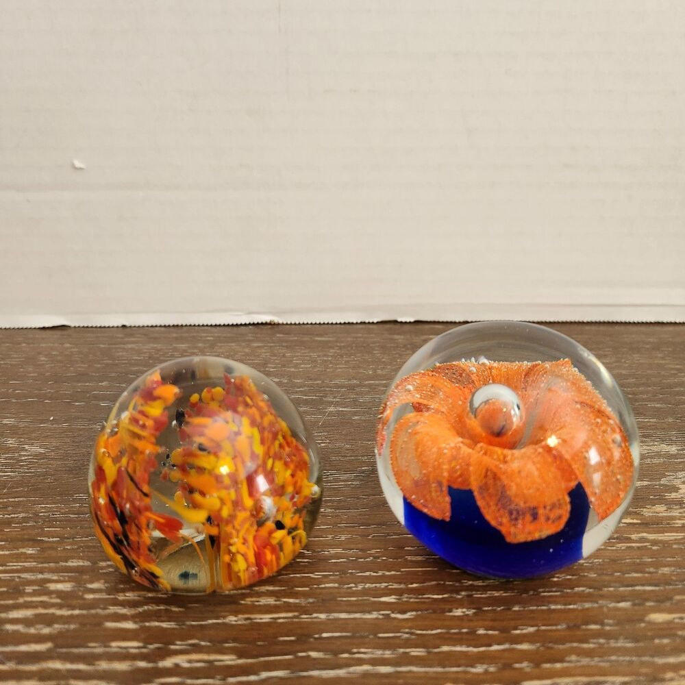 Vintage Blown Art Glass Paperweight Lot of 2 Orange Flower Pot & Orange Flecks